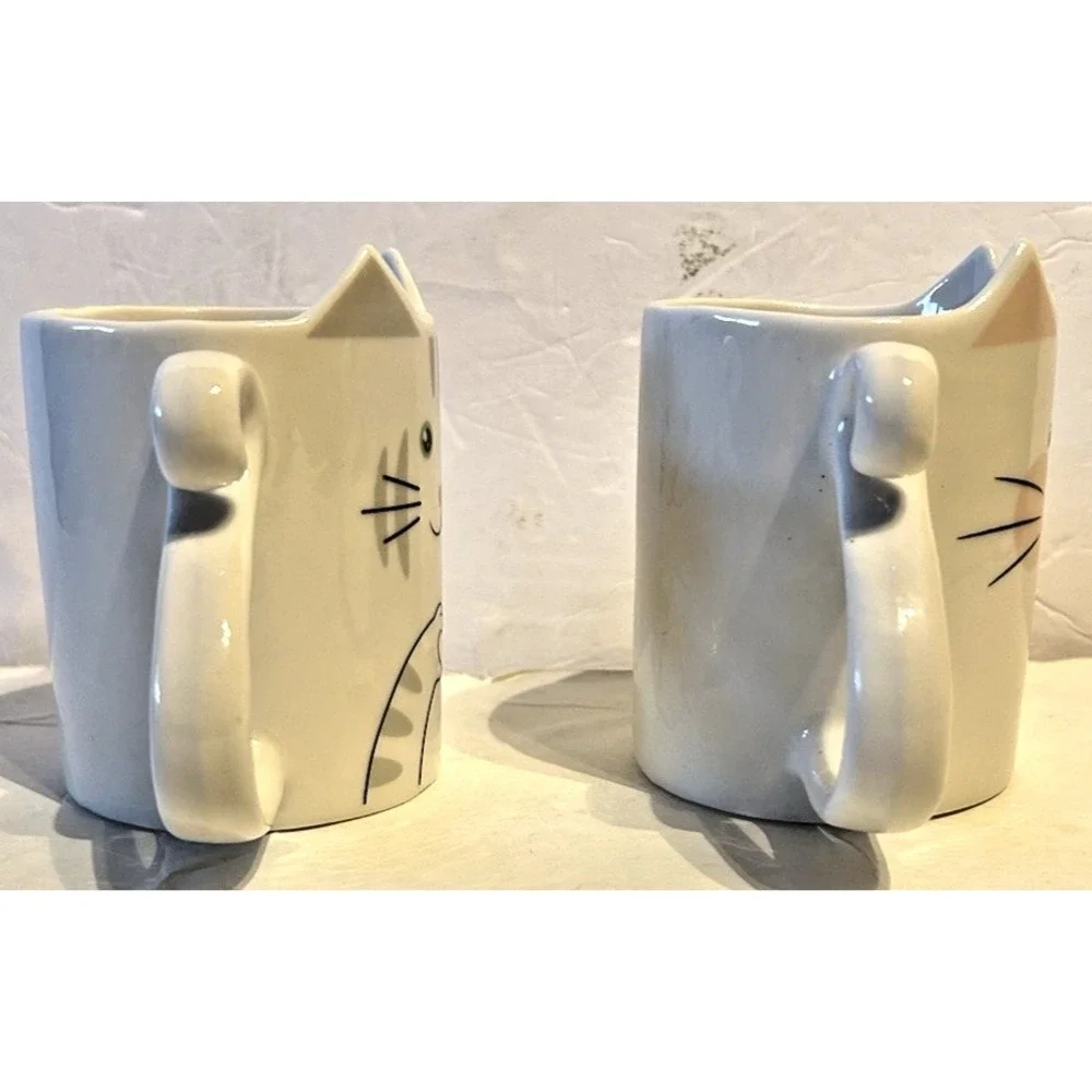 Cute Kitten Cat Mug Novelty Tail Handle Ceramic Kitschy Cup Lot Of 2